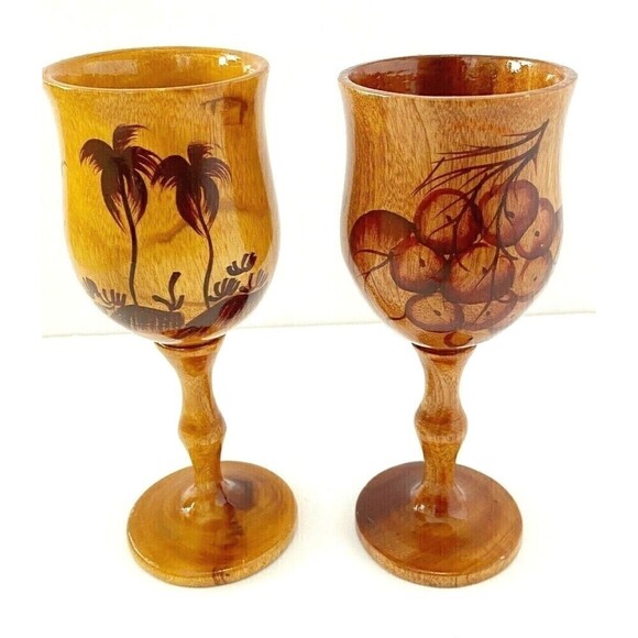 Tropical Teak? Brown Goblet Wine Glasses Goblet Chalice Grapes Hand Painted? - Picture 1 of 11